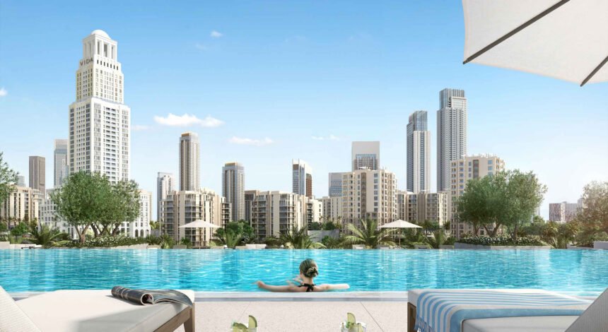 Infinity-edge swimming pool with panoramic views of Dubai Creek